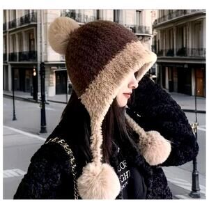Cozy Colorblock Plush Knit Beanie Hat with Ear Flaps Tassel Brown/Beige